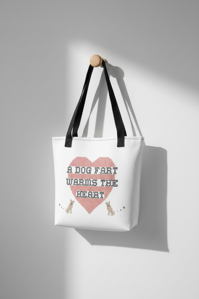A Dog Fart Warms the Heart Tote Bag hanging from wooden knob